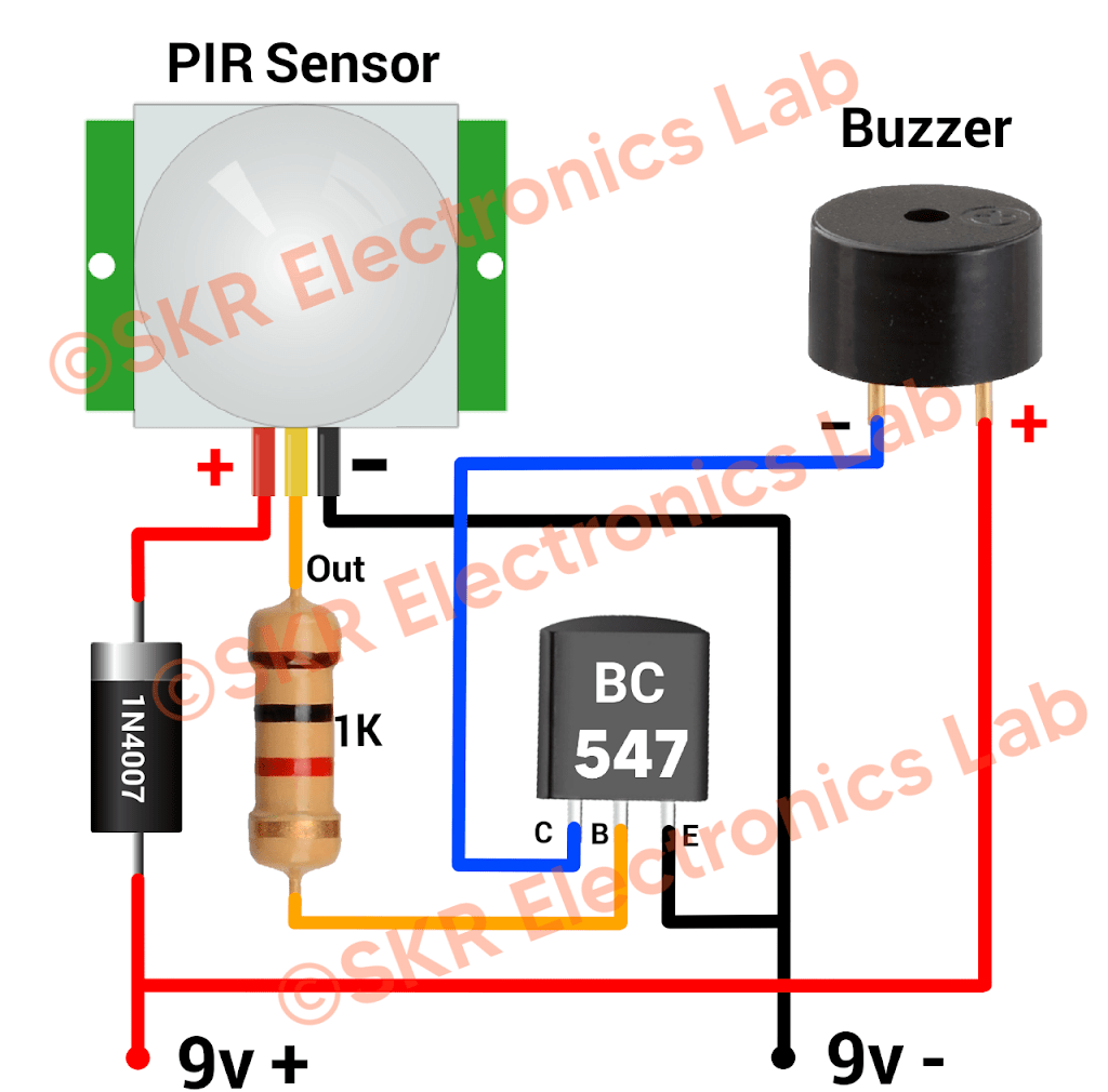 How to make PIR Sensor based security alarm system without Arduino ...