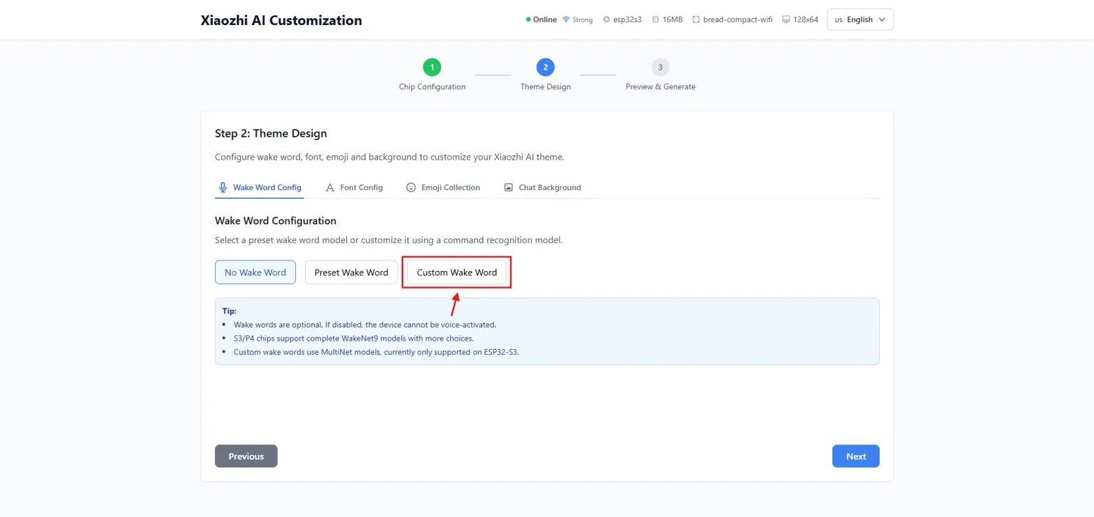 Theme Design page: Custom Wake Word button selected