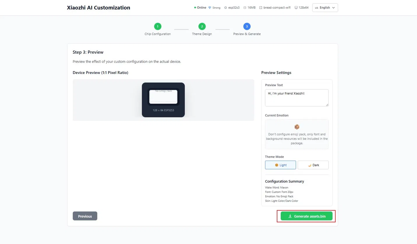 Preview page showing Generate assets.bin button