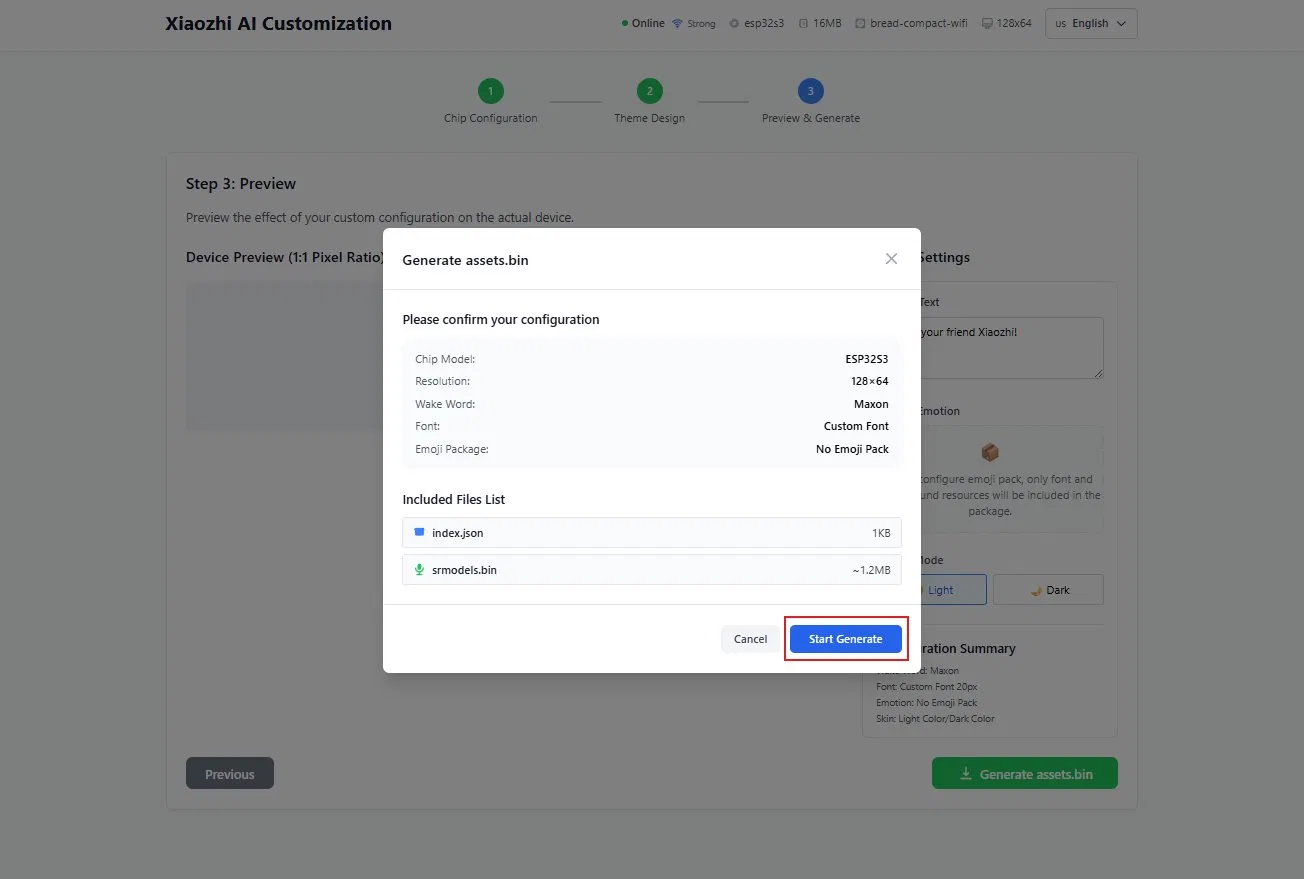 Generate assets.bin dialog showing configuration summary